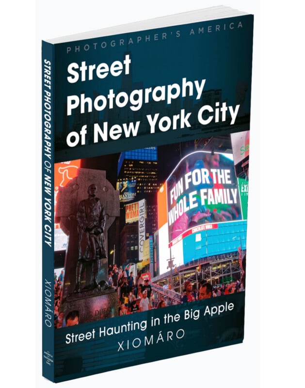 A book titled "Street Photography of New York City" by Xiomáro features a vibrant Times Square scene with neon signs, billboards, and a statue, and includes the subtitle "Street Haunting in the Big Apple.