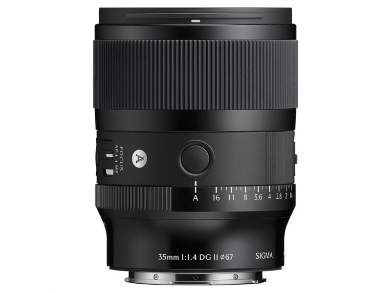 A Sigma 35mm f/1.4 DG DN Art lens with a focus mode switch, aperture ring, and ribbed focus ring, shown standing upright against a white background.