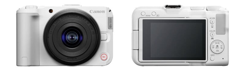 Vistas frontal y trasera de una cámara digital Canon blanca con lente desmontable, pantalla grande y múltiples botones de control.