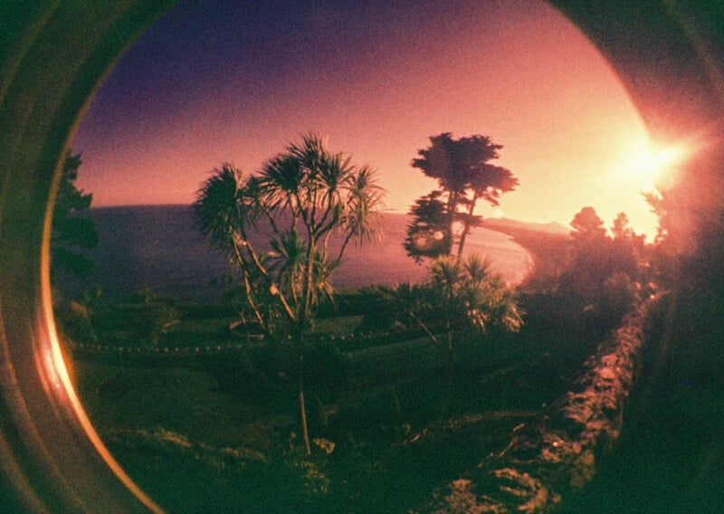 A fisheye lens photo captures a vibrant, surreal sunset over a tropical coastline with palm trees, a curved shoreline, and the sun low on the horizon, casting a pink and orange glow over the landscape.