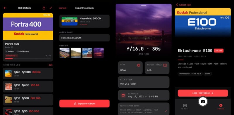 Screenshot of a film photography app interface showing film selection, settings for Portra 400, Hasselblad 500CM, Ektachrome E100, and a photo preview with aperture, shutter speed, lens, and metadata options.