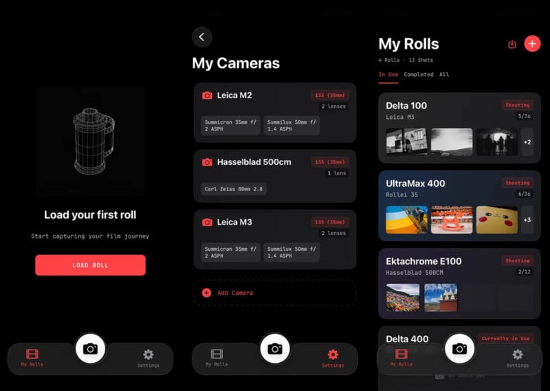 A dark-themed camera app interface shows sections for loading film, a list of cameras with details, and rolls of film with thumbnail images and film names like Delta 100, UltraMax 400, and Ektachrome E100.