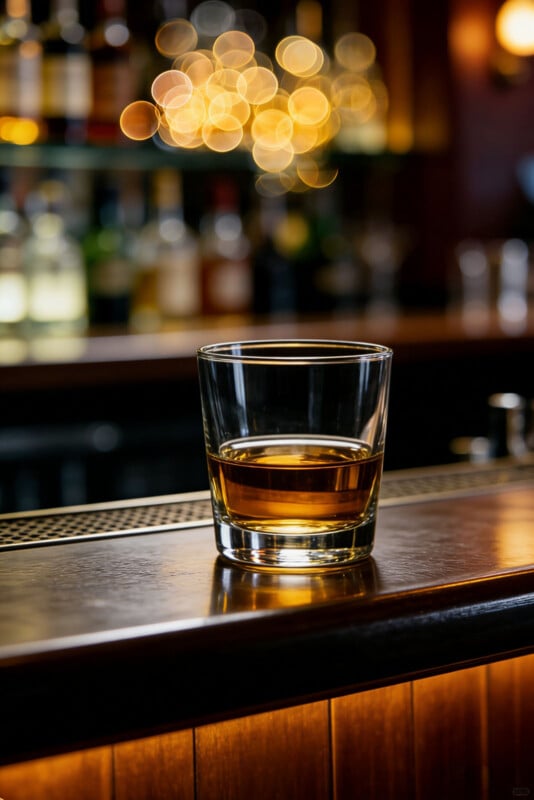 A glass of whiskey sits on a polished wooden bar counter with blurred bottles and warm bokeh lights in the background.