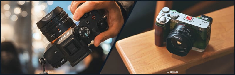 A split image shows a hand holding a black Sony camera on the left and a silver Sony camera with a brown grip resting on a wooden surface on the right. Both cameras have attached lenses.
