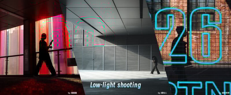  a silhouette of a person walking indoors with colorful backlighting, a shadowed modern building exterior, and a person walking past large blue numbers on a window. Text reads “Low-light shooting.”.