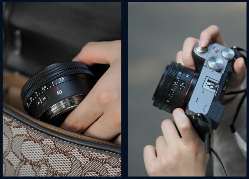  On the left, a hand places a camera lens into a patterned bag. On the right, both hands hold a camera with the same lens attached, adjusting settings.