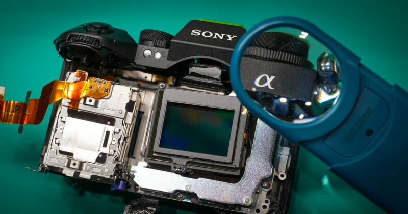 A partially disassembled Sony digital camera is shown with internal components exposed. A blue magnifying glass highlights the alpha symbol on the camera body. The background is a solid teal color.