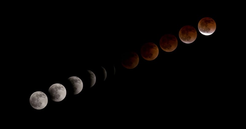 La imagen compuesta muestra las distintas etapas de un eclipse lunar, con la luna pasando del blanco brillante al rojo intenso en un cielo oscuro.