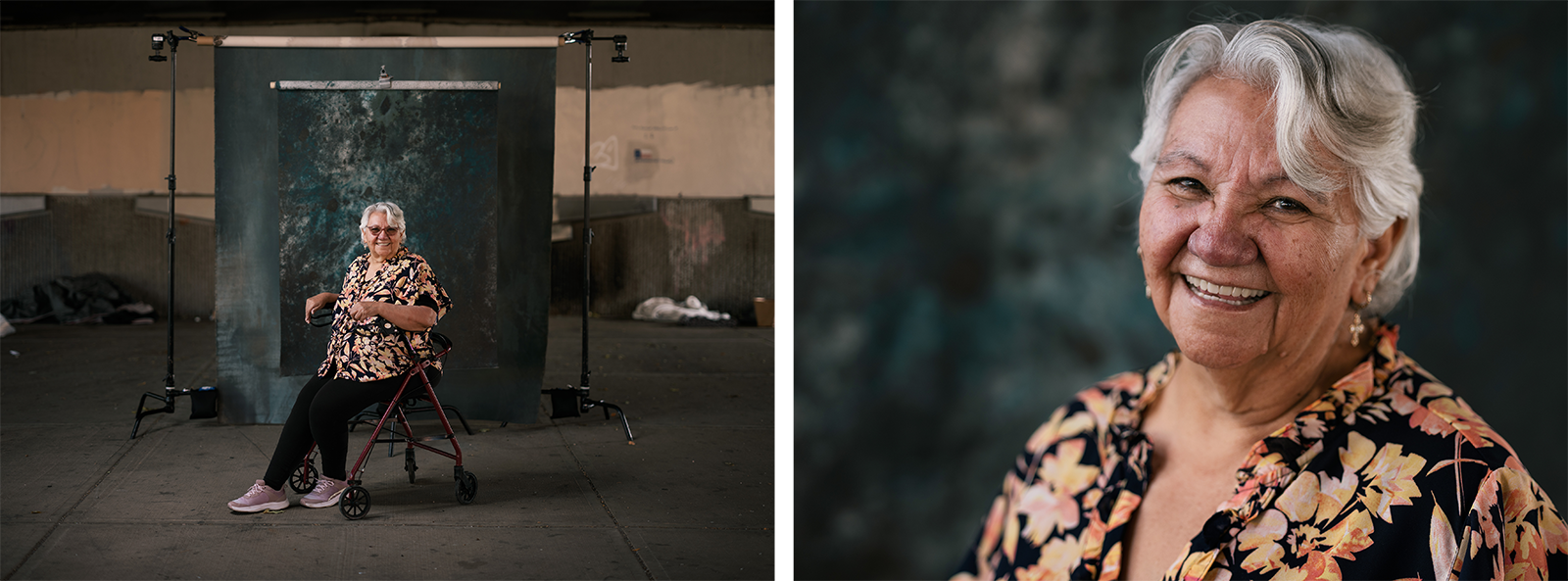 A smiling older woman with white hair, wearing a floral shirt, sits on a walker in front of a backdrop for a portrait. The second image is a close-up of her happy expression against the same backdrop.