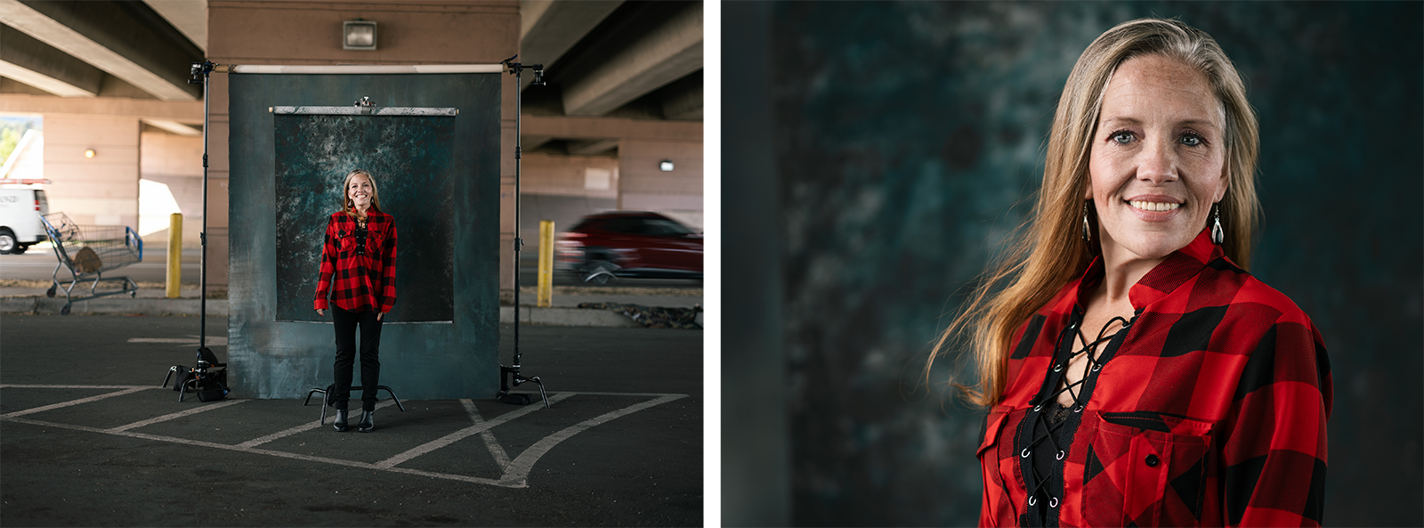  left, a woman in a red plaid shirt stands smiling in front of a backdrop under a highway overpass; right, a close-up of her smiling, wearing the same red plaid shirt.
