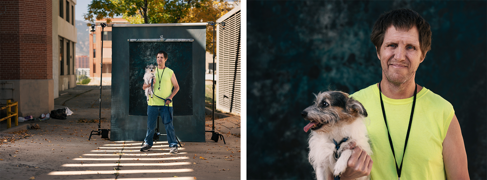 A man in a neon yellow shirt stands outside holding a small dog. The left side shows a full-body portrait setup outdoors; the right side is a close-up of the man smiling and holding the dog, which has shaggy fur and its tongue out.
