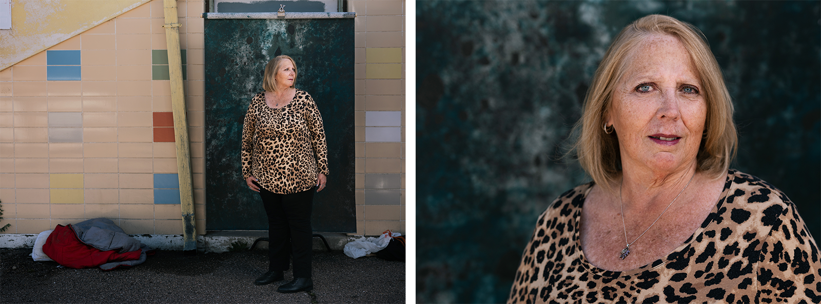 A woman with shoulder-length blonde hair wearing a leopard-print top and black pants stands in front of a tiled wall and green door, with blankets on the ground; a close-up shows her expression and outfit details.