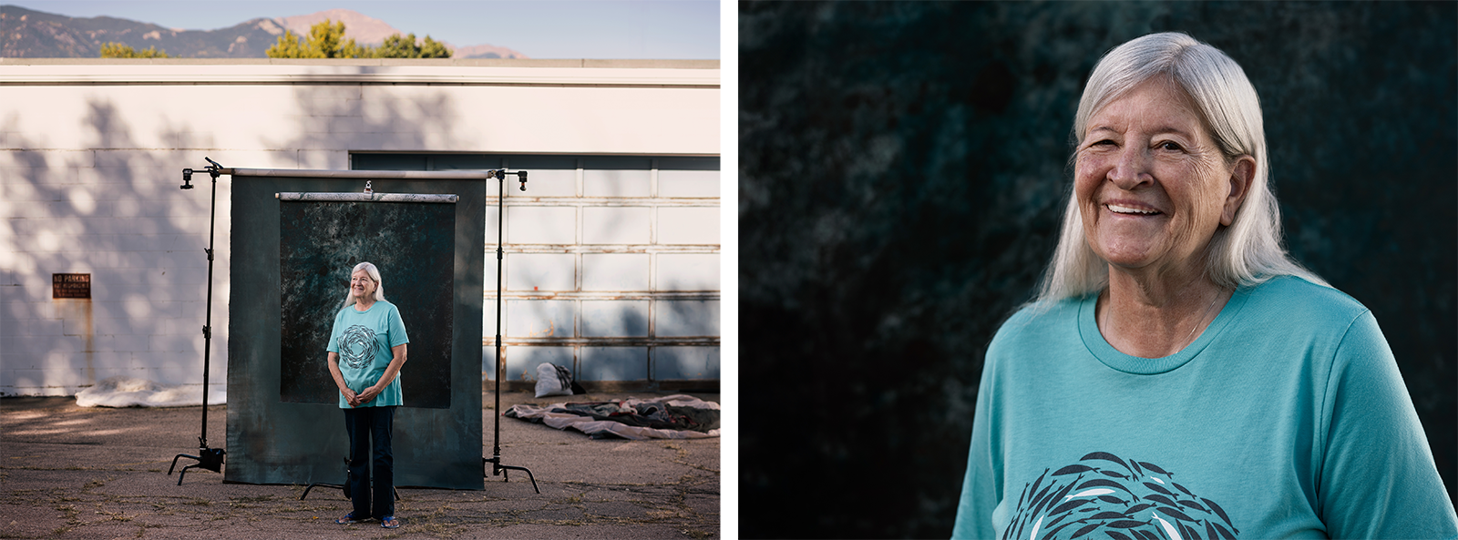  Left—an older woman stands smiling in front of a dark backdrop set up outdoors near a white building. Right—a close-up of the same woman smiling, wearing a teal shirt with a graphic print.
