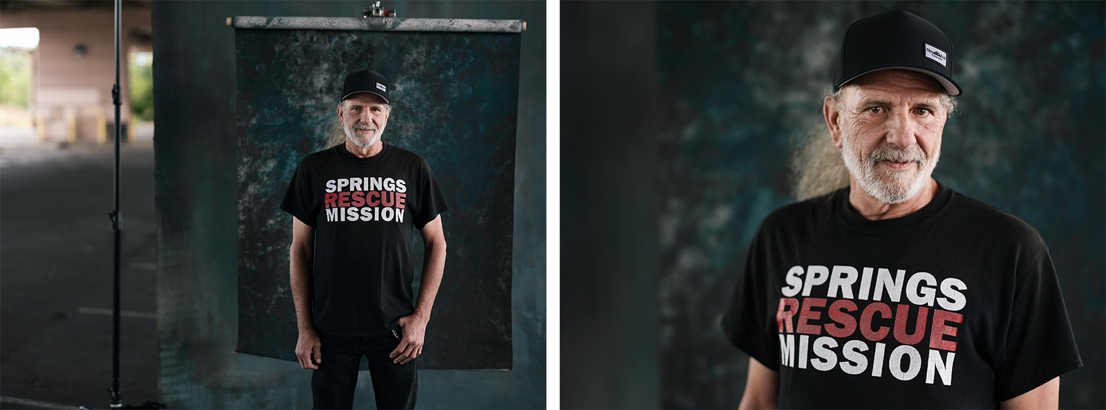 A smiling older man with a gray beard wears a black "Springs Rescue Mission" t-shirt and black cap, standing in front of a textured backdrop. One photo shows him full body, the other is a chest-up close-up.