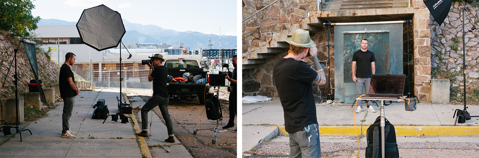 Two photos show a photographer taking portraits of a man outdoors. Lighting equipment, a laptop, and camera gear are set up on a sidewalk near a stone wall and metal door. The sky and mountains are visible in the background.