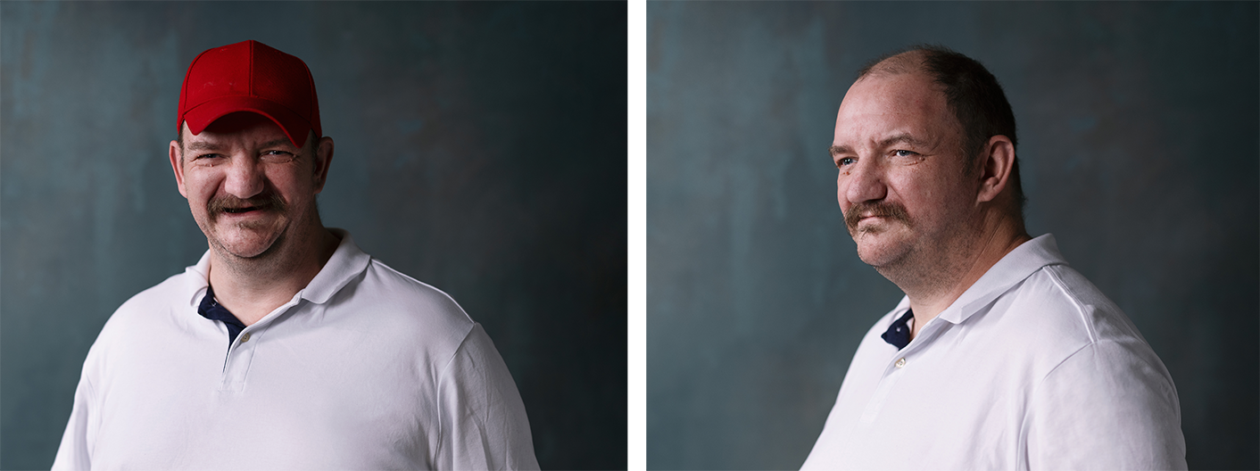 A collage of a man with a mustache.