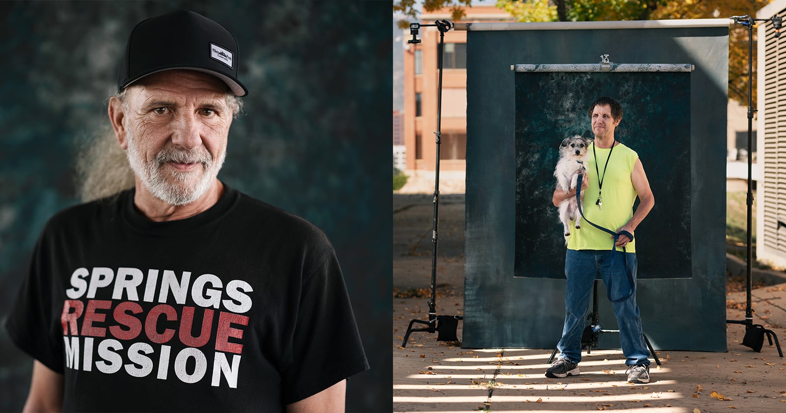 Split-screen image: Left side shows an older man in a "Springs Rescue Mission" t-shirt and cap, smiling at the camera. Right side shows a man in a yellow vest holding a small dog, standing outdoors before a backdrop.