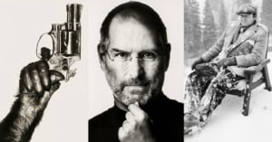 A collage with three images: a hand holding a revolver, a man with glasses and a black turtleneck, and a person sitting on a chair covered in snow, wearing winter clothes and a cap.