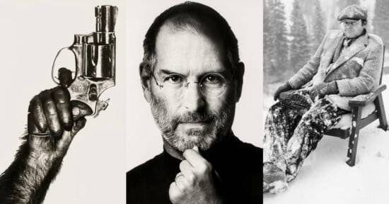 A collage with three images: a hand holding a revolver, a man with glasses and a black turtleneck, and a person sitting on a chair covered in snow, wearing winter clothes and a cap.
