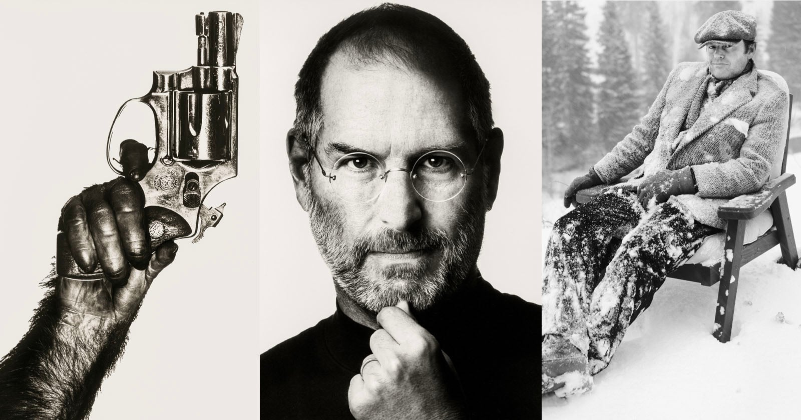 A collage with three images: a hand holding a revolver, a man with glasses and a black turtleneck, and a person sitting on a chair covered in snow, wearing winter clothes and a cap.
