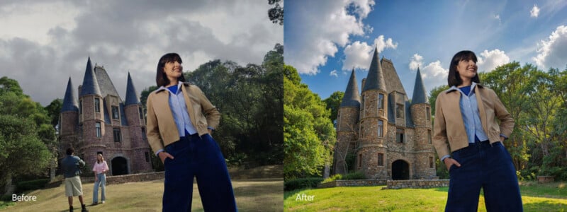 Side-by-side photos of a woman standing in front of a castle: the left image (Before) has cloudy skies and muted colors; the right image (After) shows vivid colors and a bright, sunny sky.