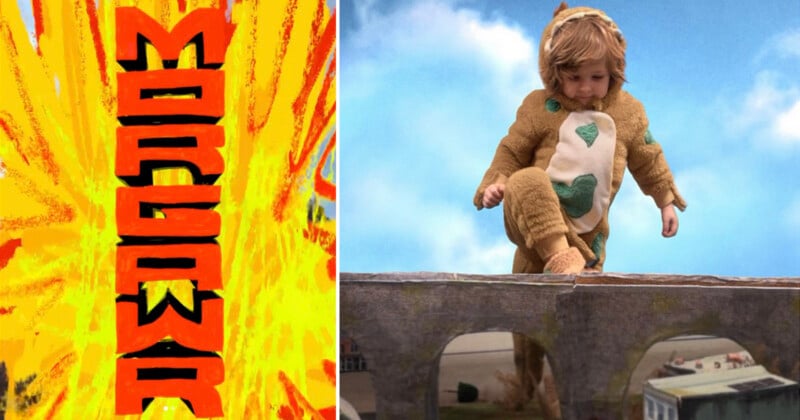  on the left, bold orange and black text reads "MORGASWAR" against a fiery yellow background; on the right, a child in a fuzzy dinosaur costume stomps over a model bridge and toy buildings.