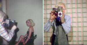 Split image: Left side shows a woman with blond hair posing as a man photographs her with a camera; right side shows an older man with gray hair holding a film camera, standing in front of patterned wallpaper.