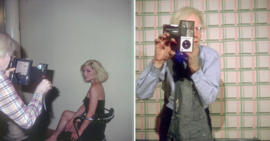 Split image: Left side shows a woman with blond hair posing as a man photographs her with a camera; right side shows an older man with gray hair holding a film camera, standing in front of patterned wallpaper.