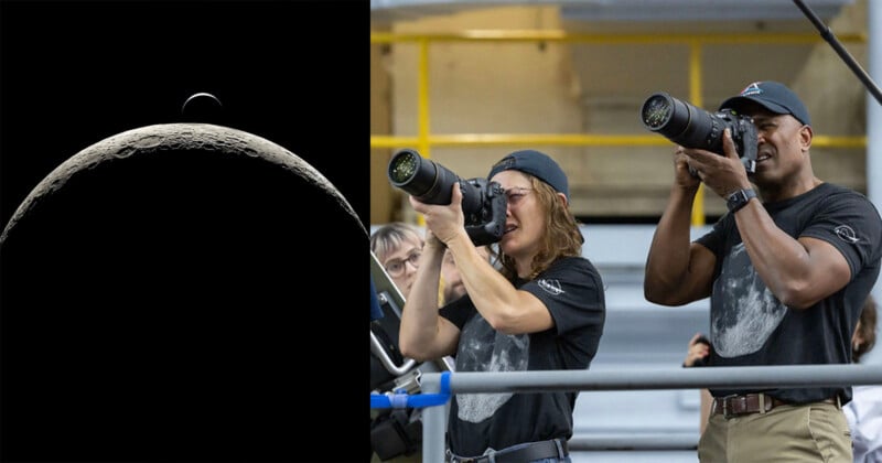  on the left, a crescent moon with a smaller celestial body above it; on the right, two people with cameras and moon-themed shirts photographing something off-frame indoors.