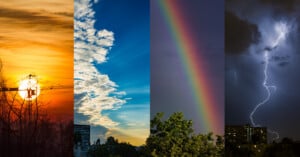 A split image shows four weather scenes: a sunset with an orange sky, blue sky with clouds, a rainbow over trees, and a nighttime thunderstorm with lightning above buildings.