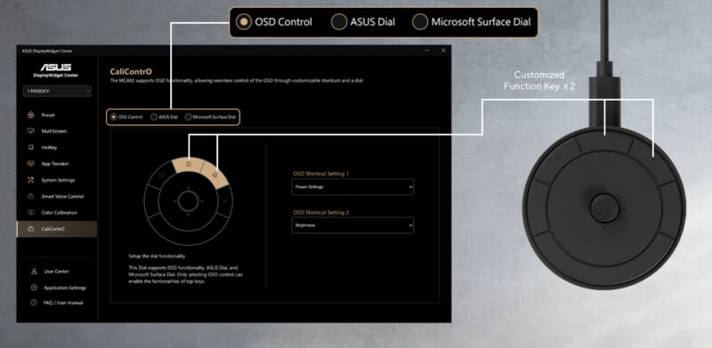 Captura de pantalla de la interfaz del software ASUS para personalizar los controles de la esfera del reloj, incluidos los controles OSD, las esferas del reloj ASUS y las opciones de Microsoft Surface Dial, así como una imagen de etiqueta de la esfera circular del reloj que muestra dos teclas de función personalizables.