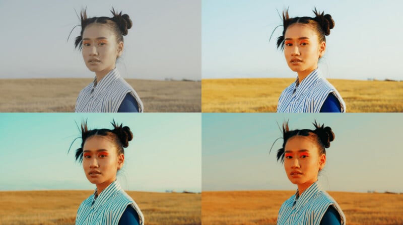 A young woman with double buns stands in a field, facing the camera. The image is divided into four quadrants, each with a different color filter: grayscale, natural, blue-green, and warm orange.