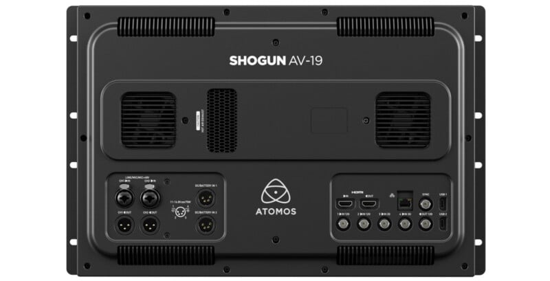 Rear view of an Atomos Shogun AV-19 monitor showing various input and output ports, including XLR, HDMI, SDI, and power connections, with ventilation grills and product branding.