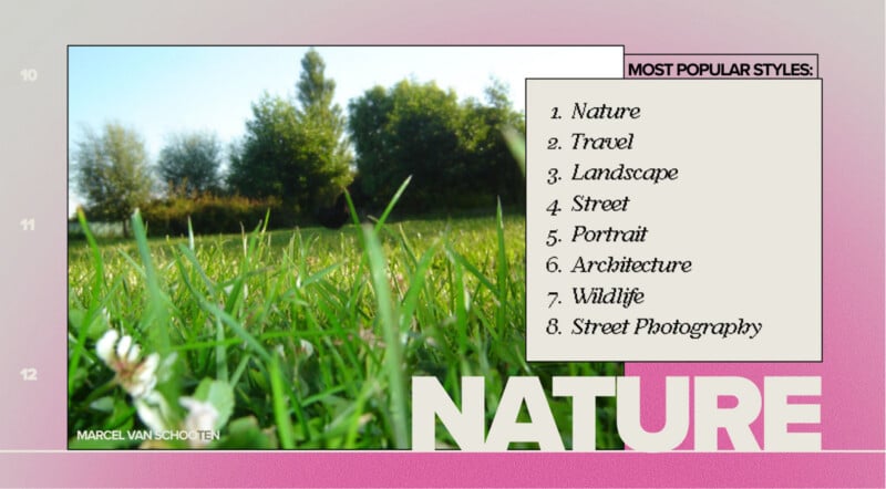 A close-up of green grass with trees and blue sky in the background. A text box lists popular photography styles, with "NATURE" highlighted in bold large letters at the bottom right.