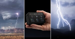 A collage with three panels: a lightning bolt striking over mountains, a hand holding an electronic device labeled "Bolt Hunter," and another vivid lightning strike illuminating a mountainous landscape at night.