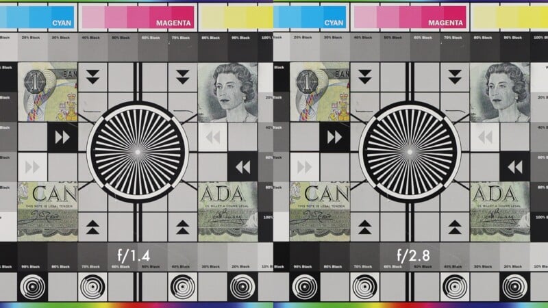 A side-by-side camera test chart comparing f/1.4 and f/2.8 apertures, featuring color bars, black-and-white patterns, and a close-up of a Canadian banknote section with a portrait of a woman.