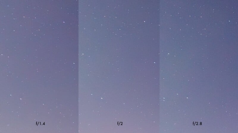A night sky with stars shown in three vertical panels, labeled f/1.4, f/2, and f/2.8, demonstrating different camera aperture settings and their effect on star visibility and brightness.