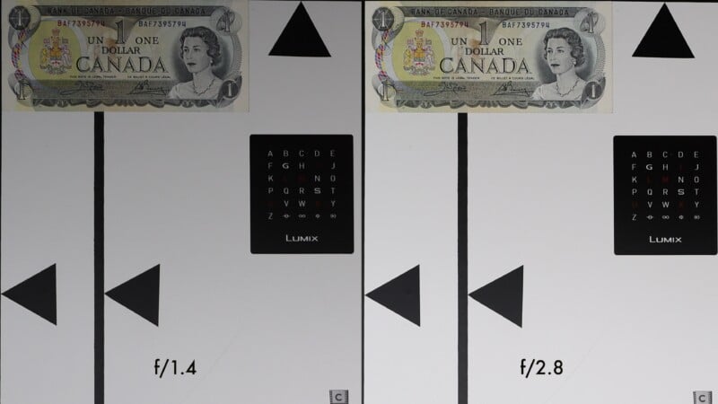 Two test charts side by side with a Canadian one dollar bill and a focus chart above black geometric shapes. The left chart is labeled “f/1.4” and the right is labeled “f/2.8.” The charts are otherwise identical.