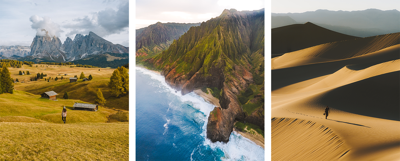 grassy hills with mountains and a cabin, dramatic green cliffs beside the ocean, and golden sand dunes with a lone person walking.