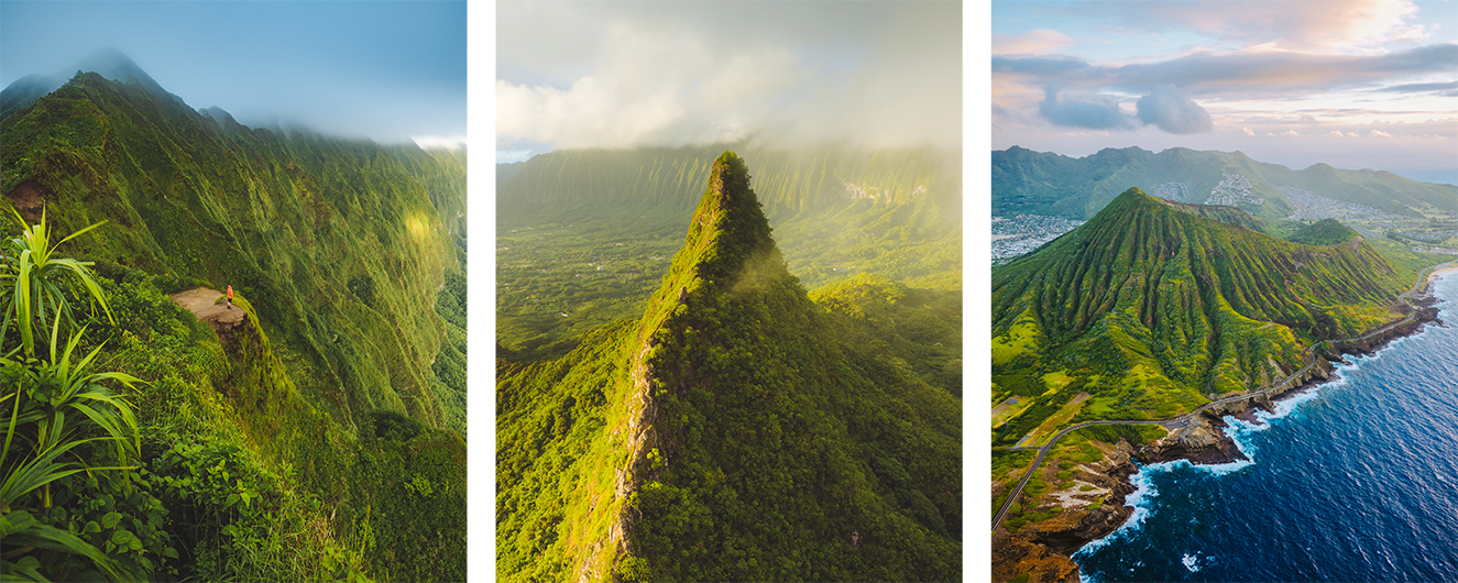 Three images show lush, green Hawaiian mountains. The first image features misty ridges, the second a pointed peak under soft clouds, and the third a coastal mountain landscape beside the ocean.