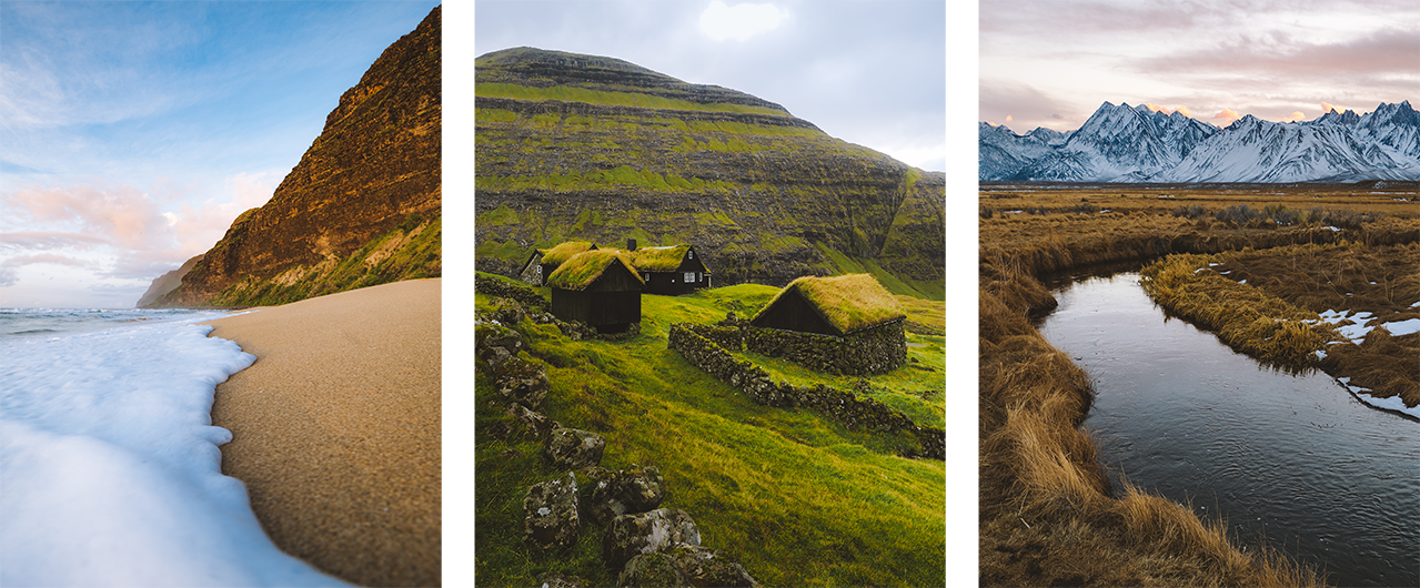  a sandy beach with waves at sunset, a grassy mountainside with turf-roofed houses, and a winding stream through a golden meadow with snow-capped mountains in the background.