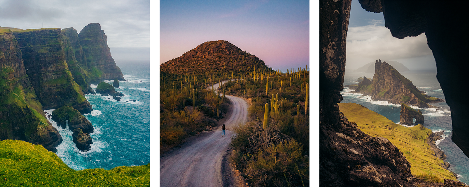  a dramatic green cliffside by the ocean, a winding desert road lined with tall cacti, and a coastal view with large rocky formations seen from inside a cave.
