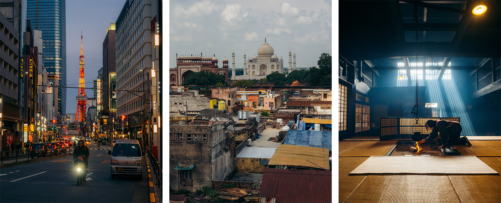 A triptych showing (left) a busy city street with Tokyo Tower, (center) the Taj Mahal rising behind crowded rooftops, and (right) a traditional Japanese room with a person tending to a sunlit hearth.