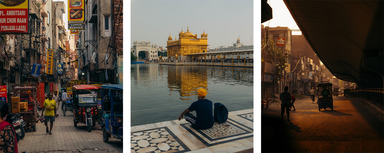  a busy street with signs and rickshaws, a person sitting near the Golden Temple by water, and a dim street scene with rickshaws under an overpass at sunset.