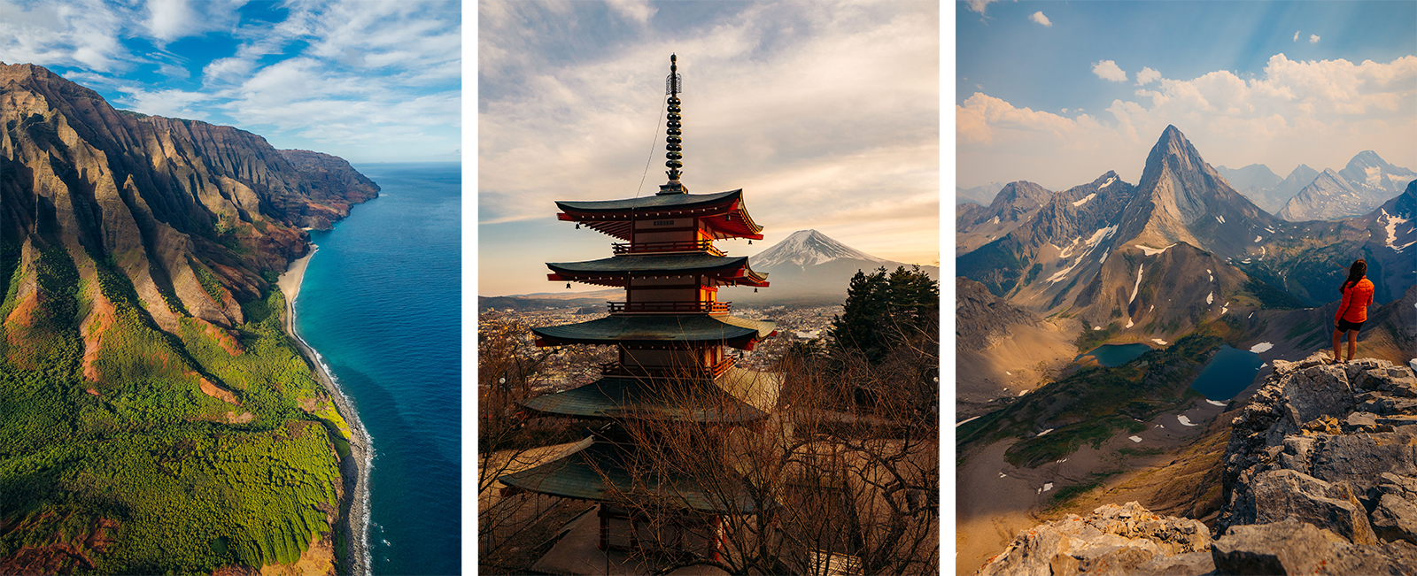 Aerial view of a dramatic green coastline, a Japanese pagoda with Mount Fuji in the background, and a hiker overlooking rugged mountain peaks under a clear blue sky.
