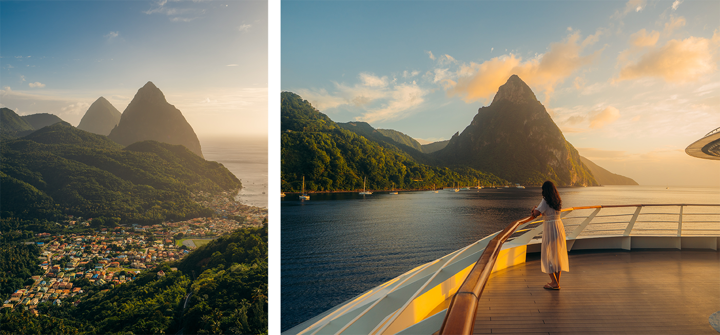 Side-by-side images show lush green mountains by the sea. The right side features a person in a white dress standing on a ship deck, facing the dramatic peak at sunset. The left shows the town at the mountains’ base.