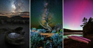 A collage of three night sky photos: a stone hand sculpture with the Milky Way, a gnarled tree under a starry sky, and two boats by a lake beneath a purple aurora.