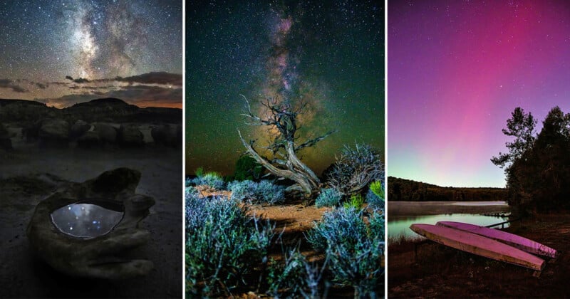  a stone hand sculpture with the Milky Way, a gnarled tree under a starry sky, and two boats by a lake beneath a purple aurora.