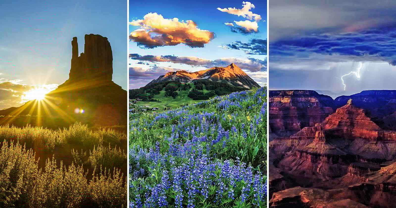 Three vertical landscape scenes: a sun setting behind a desert rock formation, a mountain meadow with blue wildflowers under a bright sky, and a canyon with dramatic clouds and a lightning bolt.