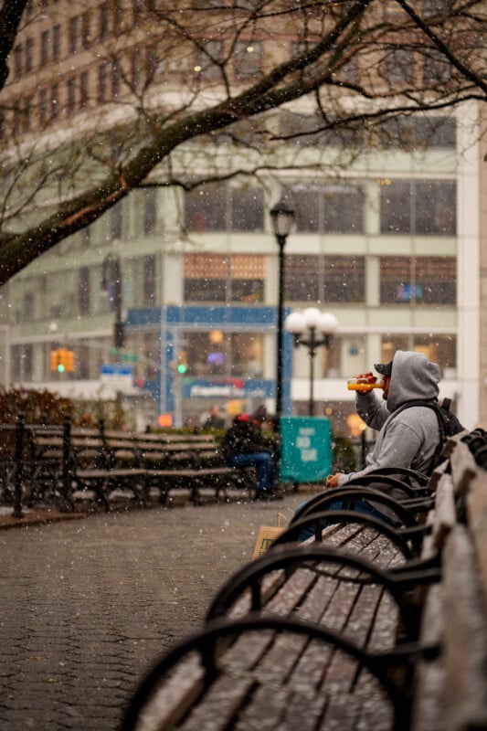 A person in a gray hoodie sits alone on a park bench, drinking from a cup on a snowy day, with empty benches, bare tree branches, and city buildings in the background.